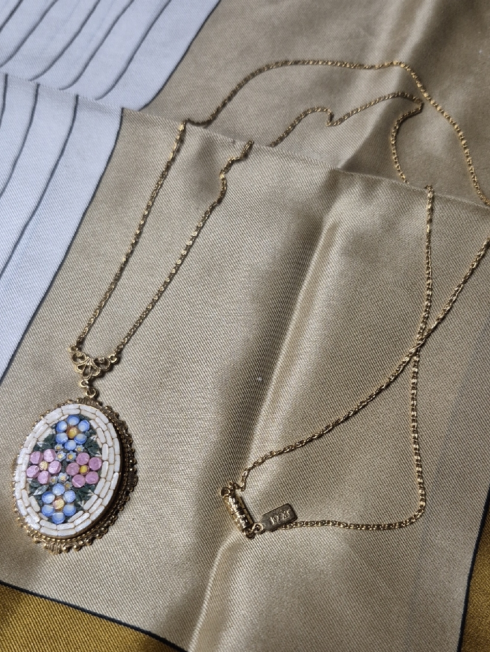 1928 Italy Gold Tone Floral Mosaic Oval Pendant Necklace in Blue, Pink & White